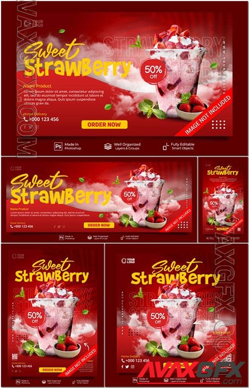 PSD sweet strawberry drink menu restaurant for promotion website banner template