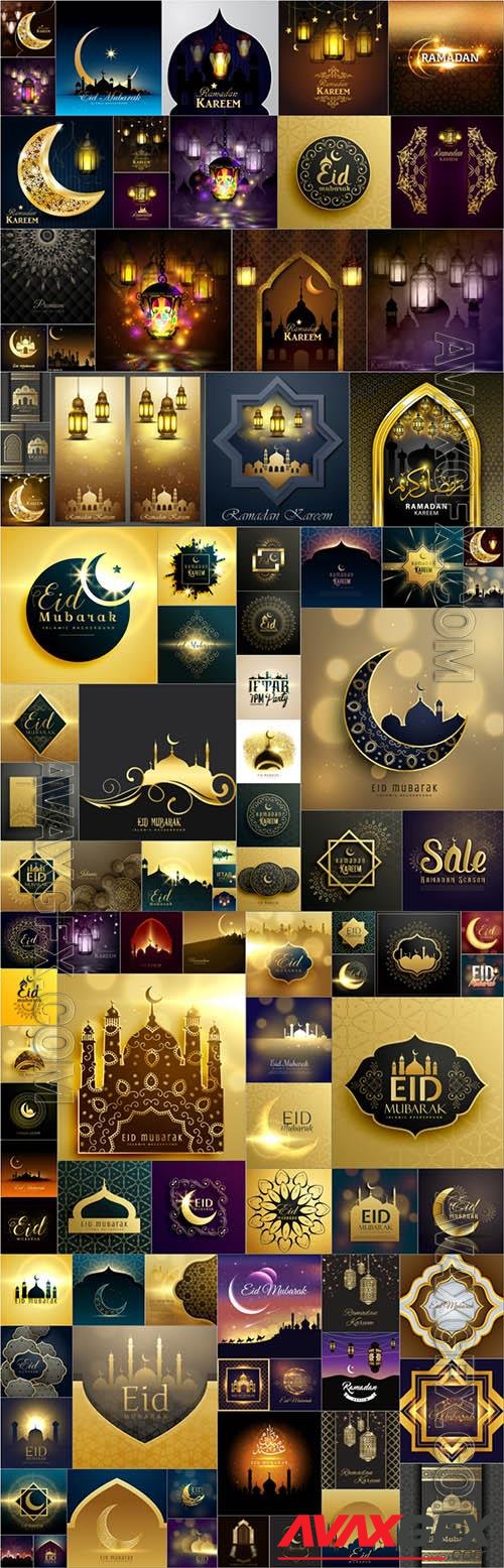 Ramadan kareem, eid mubarak by muslims greeting background, islamic golden design pattern - 100 vector collection