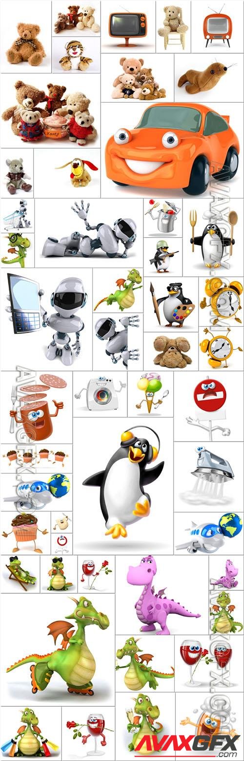 Cartoon 3d animals, toys, objects - 50 stock photo collection