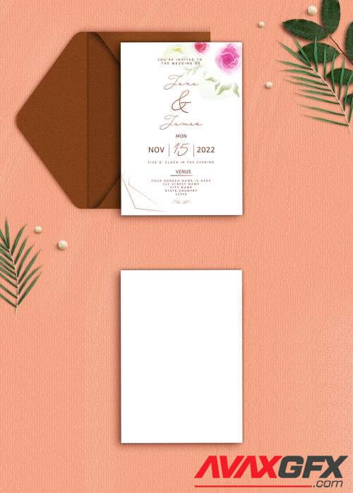 Wedding Invitation or stationery mockup with envelope, pearls, and green leaves on textured background. 545903873 [Adobestock]