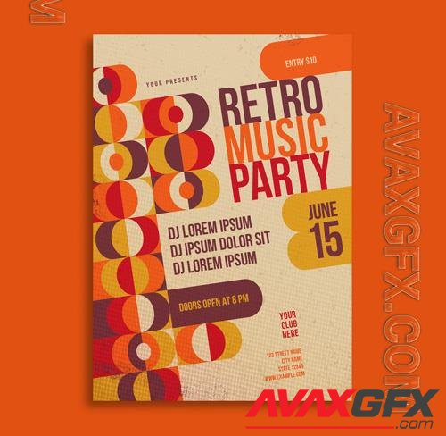 Retro Party Flyer Layout with Orange and Brown Accents-194351498 [Adobestock]