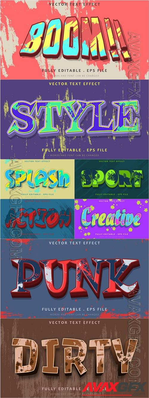 Vector 3d grunge paint abstract colorful editable text effect, boom, style, punk, dirty