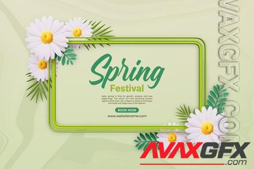PSD spring festival floral frame design template with colorful flowers, with white daisies