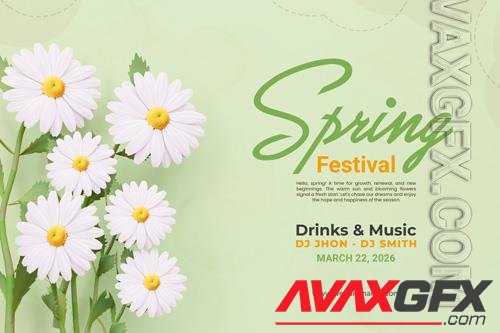 PSD spring festival floral banner design template in flowers, with white daisies