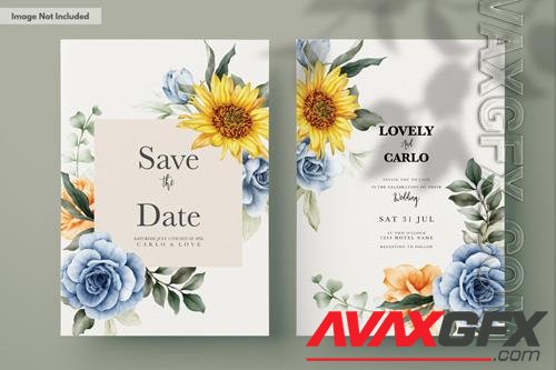 PSD wedding invitation card with watercolor roses and sunflowers