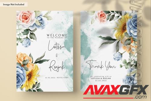 PSD wedding invitation card with watercolor beautiful roses and sunflowers flower