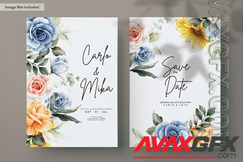 PSD wedding invitation card with roses and sunflowers, vintage watercolor spring flower