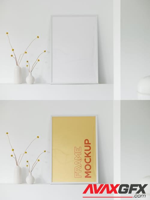 Front View of a White Frame Mockup on a Shelf 537188409 [Adobestock]