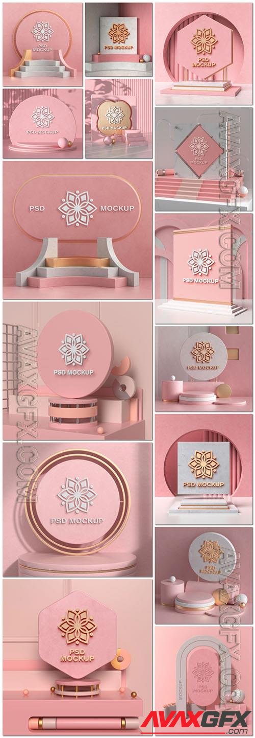 PSD pink podium mock-up with gold and silver design mandala flower