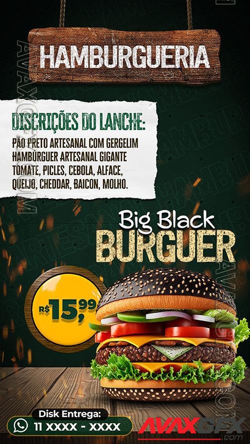 Psd story social media big black burguer use in brazil flyer food menu