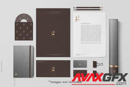 Psd branding identity mock upin brown and gray tones with gold decor