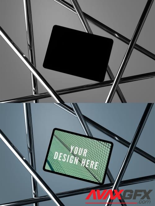 Horizontal Tablet Mockup on Equilibrium with Metallic Tubes 527059525 [Adobestock]