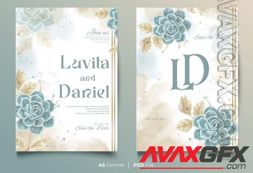 Watercolor psd wedding invitation template with blue and yellow flower [PSD]