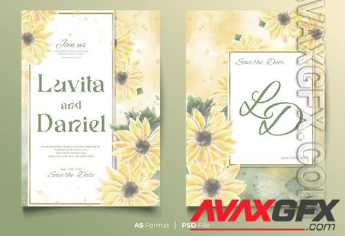 Watercolor watercolor wedding invitation template with yellow and green flower [PSD]