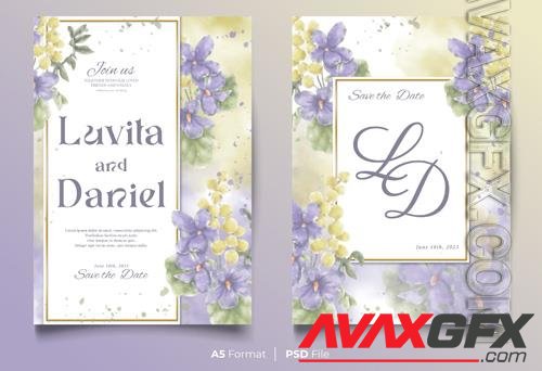 Watercolor watercolor wedding invitation template with blue and yellow flower [PSD]