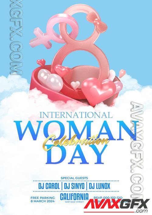 PSD international women's day celebration flyer with 3d hearts