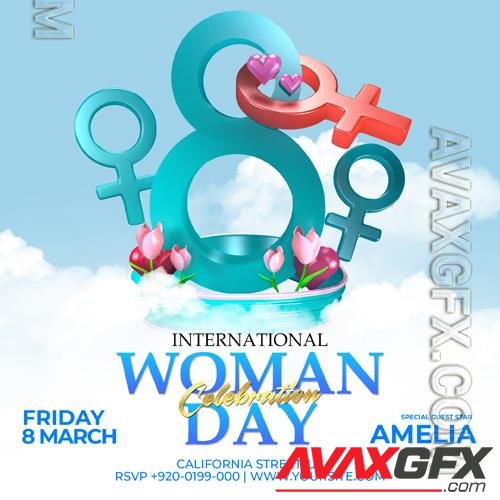 PSD international women day celebration flyer with flowers and hearts [PSD]
