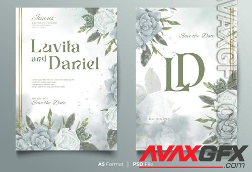 Wedding invitation watercolor card with white and gray roses [PSD]