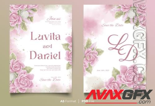 Wedding invitation watercolor card with pink roses [PSD]