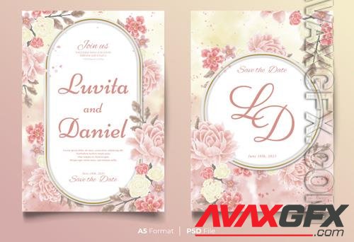 Wedding invitation watercolor card with pink roses and spring flowers [PSD]