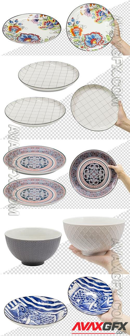 Empty ceramic plate in hand psd design template