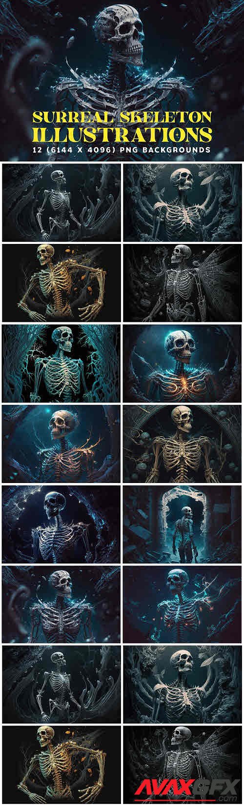 12 Surreal Skeleton Illustrations 6K - 12785979