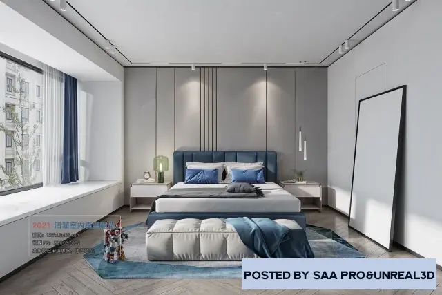 Bedroom interior in white and gray-blue tones