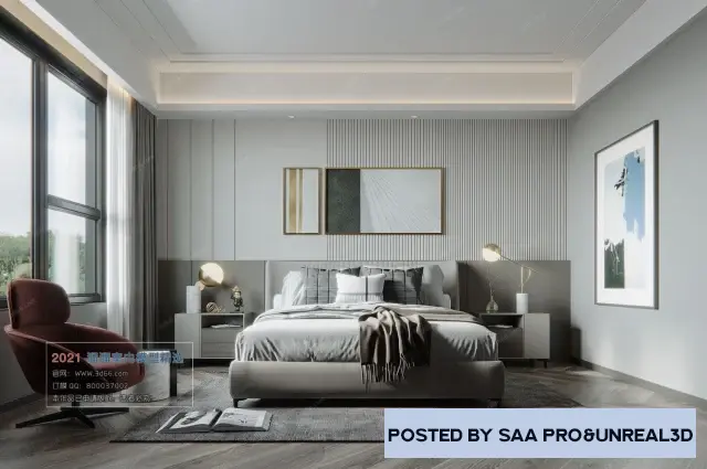 Bedroom with brown armchair and abstract panels