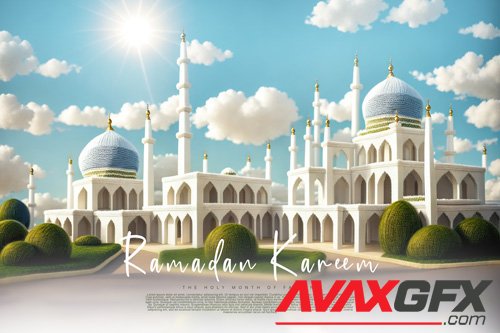 Ramadan kareem greetings psd template with a mosque background blue sky