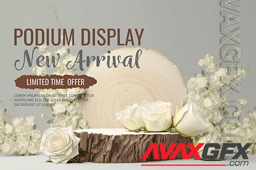 Wooden psd podium with roses [PSD]