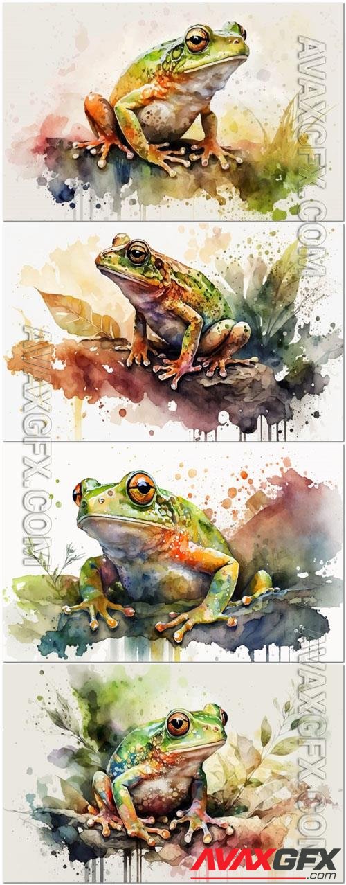 Watercolor vector illustrations of frogs in their natural habitat [EPS]