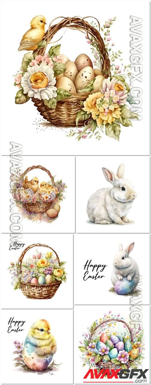 Vector happy easter, easter eggs in a basket of flowers chick greeting card poster [EPS]