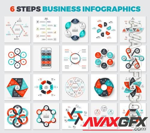 Collection of vector arrows, hexagons, circles and other elements for infographic with 6 steps [EPS]