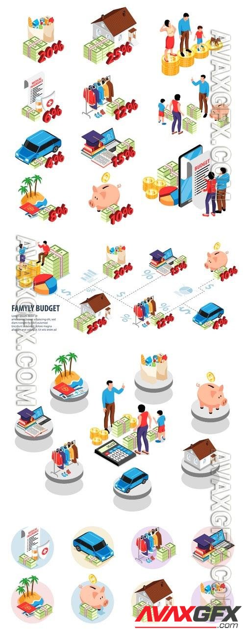 Vector isometric family budget icons set with financial symbols