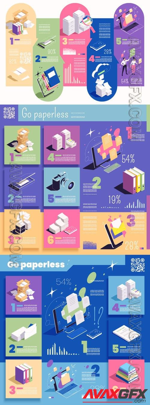 Vector go paperless concept isometric infographics with paper documents