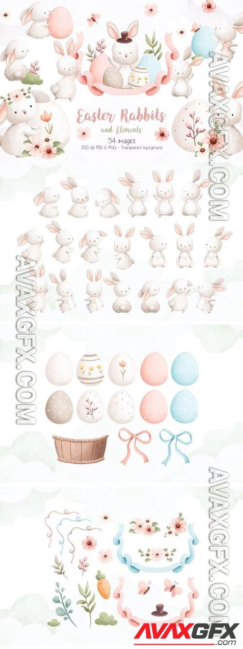 Easter Rabbits and Elements Clipart [PNG]