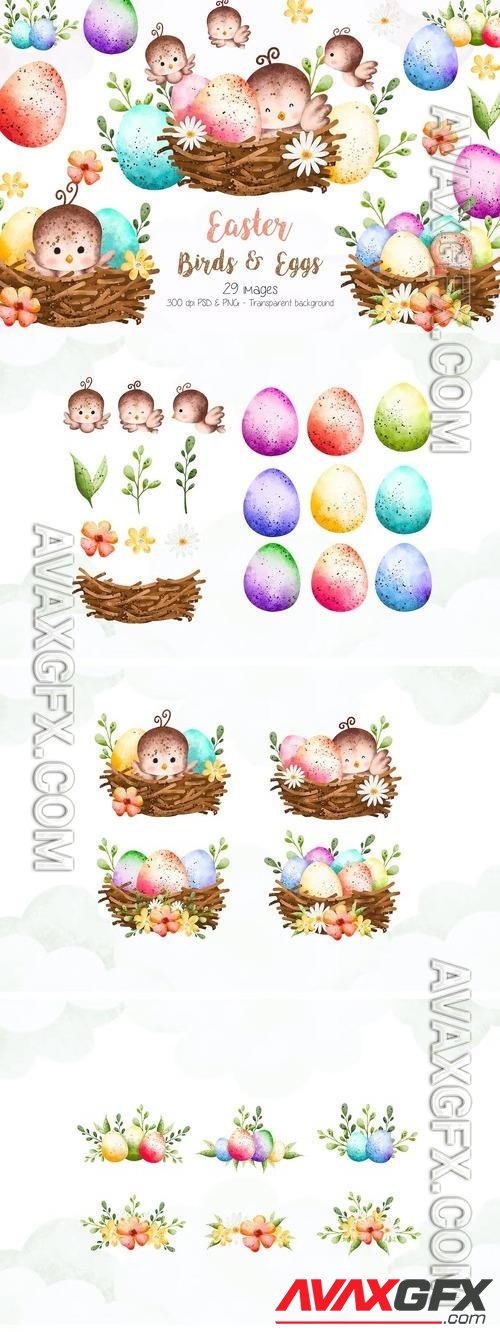 Easter Eggs and Bird Clipart [PNG]