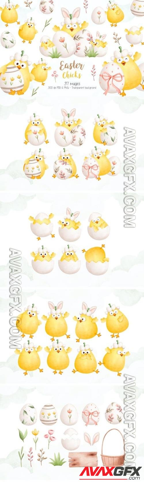 Easter Chicks and Easter Egg Clipart [PNG]