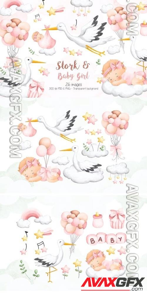 Stork and Baby Girl Clipart [PNG]