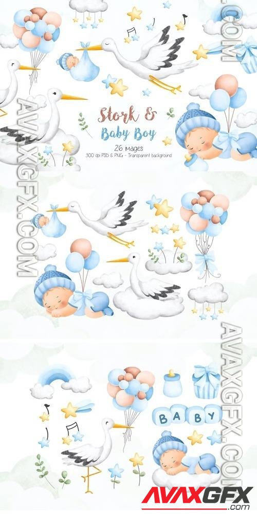 Stork and Baby Boy Clipart [PNG]