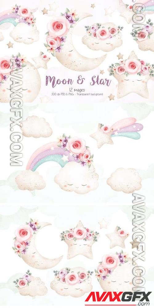 Vintage Moon Star and Cloud Clipart Design [PNG]