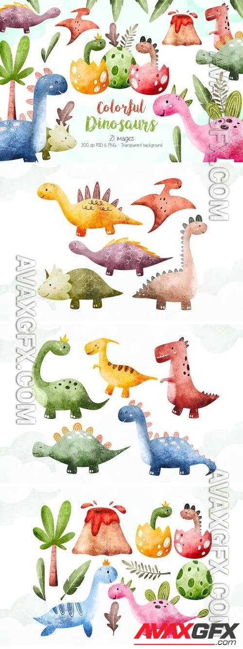 Colorful Dinosaurs Clipart Design [PNG]