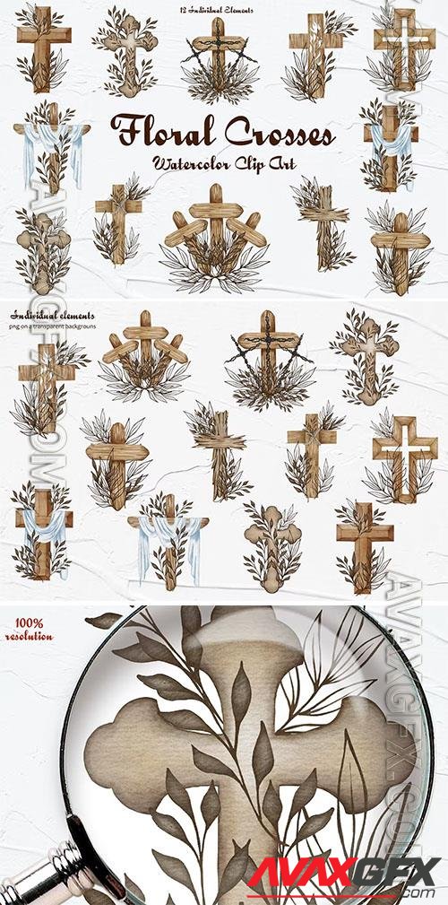 Floral Crosses Watercolor Clipart Design Set [PNG]