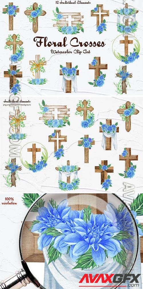 Floral Crosses Watercolor Clipart Design [PNG]