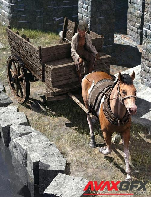 Rustic Cart and Yoke for Daz Horse 3