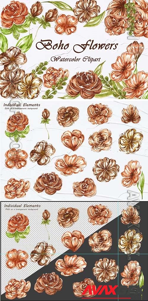 Boho Flowers Watercolor Clipart [PNG]