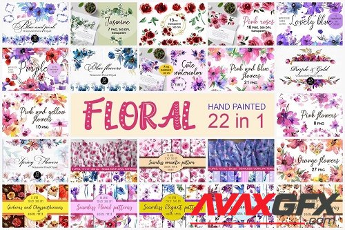 Watercolor Floral Patterns and Clipart - 22 Premium Graphics