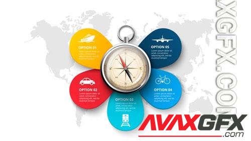 PSD travel infographic with a compass on the map template for cycle diagram with 5 options