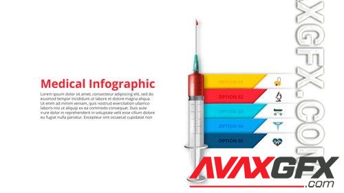 PSD syringe with a drop of blood medical and healthcare template for infographic with 5 steps