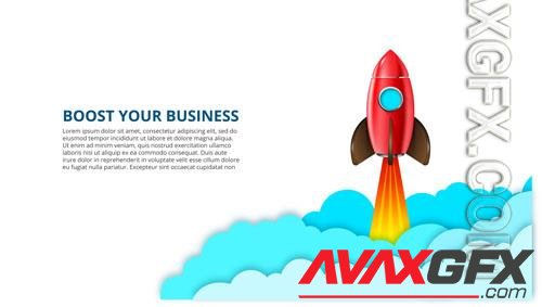 PSD startup infographic with red rocket and clouds boost your business illustration